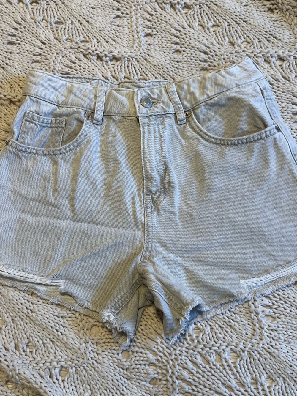 Light Grey Denim Shorts with Frayed Hem